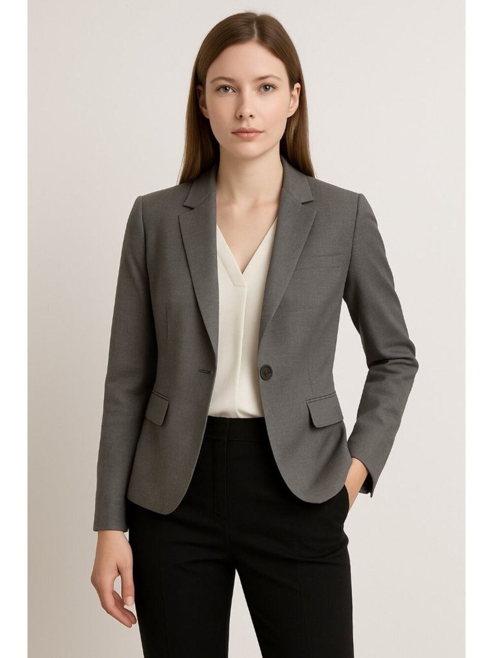 Theory Women’s Gray Wool Stretch Blazer Size 10 — Tailored One-Button Jacket — P - Picture 2 of 11